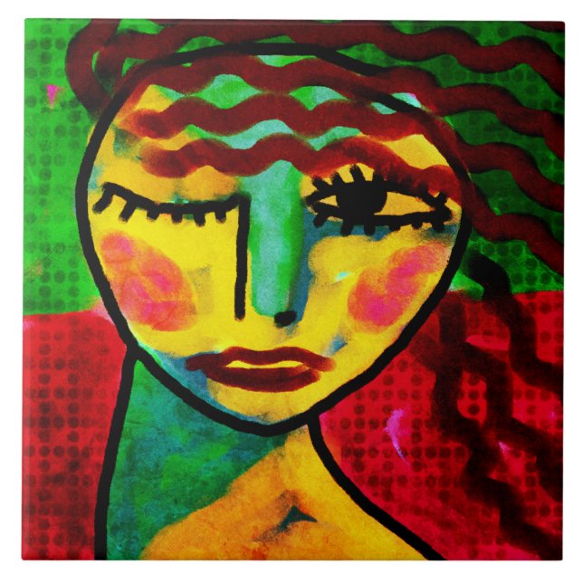 Azulejo Retrato digital de una mujer en resumen de Wink (Frente)