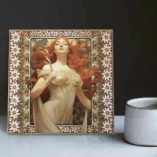 Azulejo Retrato femenino Art Nouveau Mucha Flor Edelweiss