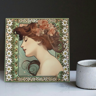 Azulejo Retrato femenino Art Nouveau Mucha Flor Edelweiss