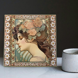 Azulejo Retrato femenino Art Nouveau Mucha Flor Edelweiss