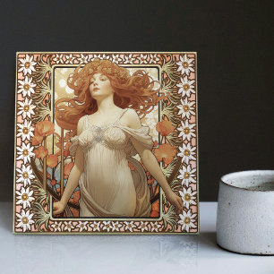 Azulejo Retrato femenino Art Nouveau Mucha Flor Edelweiss