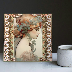 Azulejo Retrato femenino Art Nouveau Mucha Flor Edelweiss