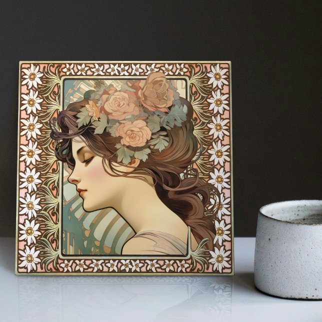 Azulejo Retrato femenino Art Nouveau Mucha Flor Edelweiss (Subido por el creador)