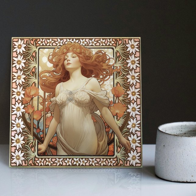 Azulejo Retrato femenino Art Nouveau Mucha Flor Edelweiss (Subido por el creador)