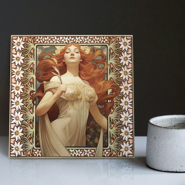 Azulejo Retrato femenino Art Nouveau Mucha Flor Edelweiss (Subido por el creador)