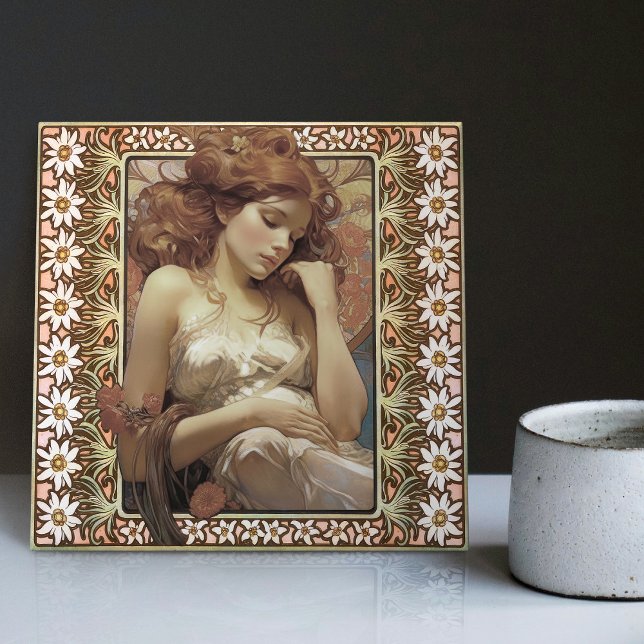 Azulejo Retrato femenino Art Nouveau Mucha Flor Edelweiss (Subido por el creador)
