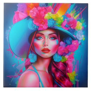 Azulejo Retrato floral de Neon Fantasy