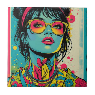 Azulejo Retrato Neon Pop Diva - Arte Retro Audaz y Vibrant