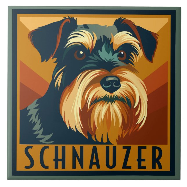 Azulejo Retrato retro Schnauzer negro y plateado (Frente)