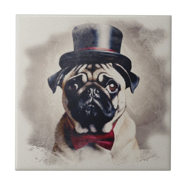 Azulejo Retrato rojo vintage de pug tux (Frente)