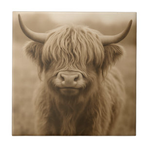 Azulejo Retrato Sepia de Vaca de las Tierras Altas