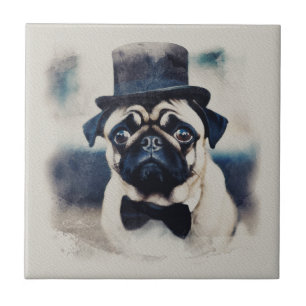 Azulejo Retrato Vintage BLue Tux Pug