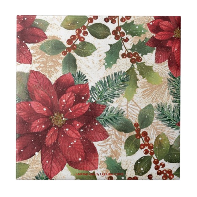 Azulejo Retro 50 Poinsettia Crema Verde Rojo (Frente)