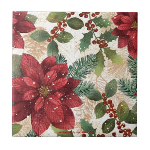 Azulejo Retro 50s Flor de Nochebuena Rojo Verde Crema