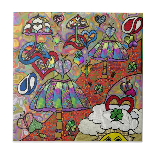 Azulejo Retro 60 Psicodelic Magic Mushrooms Cerámica Tile (Frente)