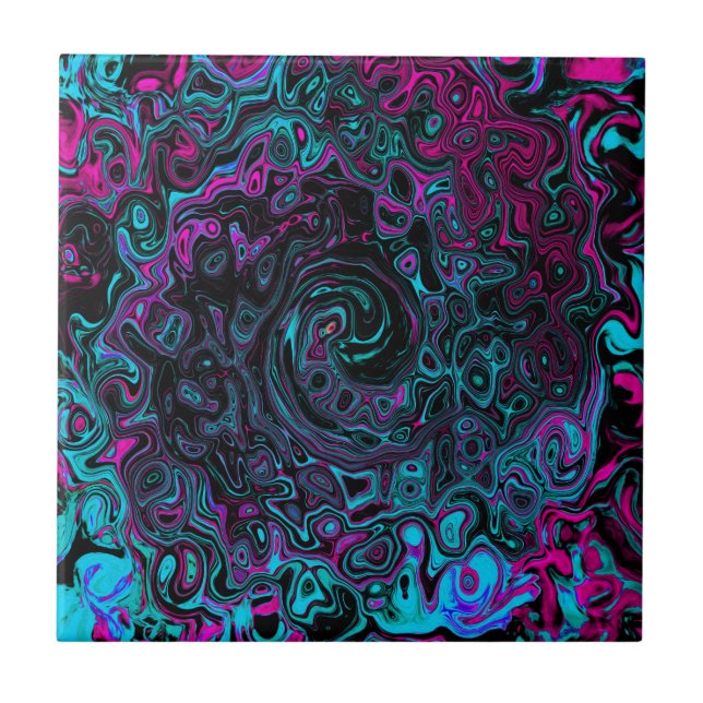 Azulejo Retro Aqua Magenta y Black Abstract Swirl (Frente)