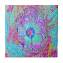 Retro Arcoíris Psicodélico Flor de Hibisco Azul