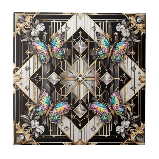 Azulejo Retro Art Deco Nouveau Rainbow Butterfly (Frente)