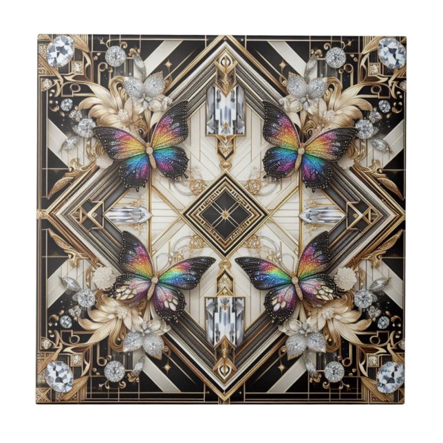 Azulejo Retro Art Deco Nouveau Rainbow Butterfly (Frente)