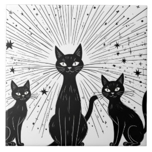 Azulejo Retro Black Cats Atomic Starburst Mid Century