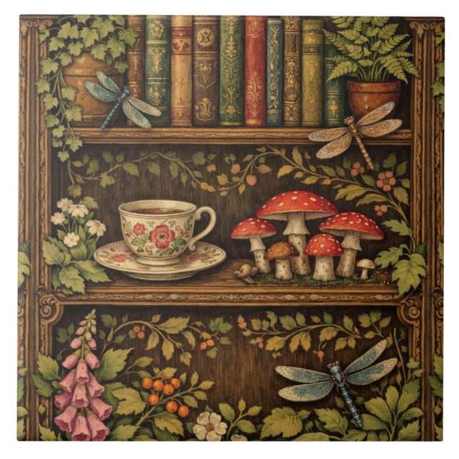 Azulejo Retro book shelf mushrooms coffee floral  (Frente)