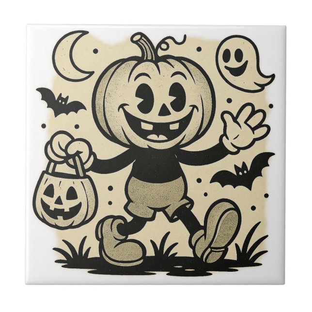 Azulejo Retro cartoon-inspired pumpkin Halloween tile (Frente)