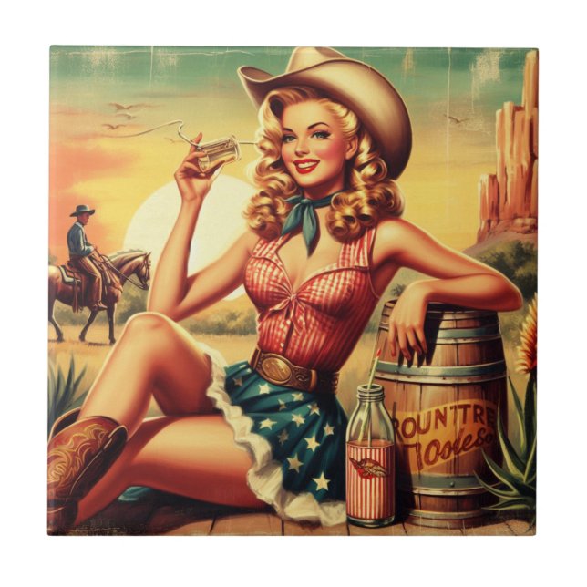 Azulejo Retro Cute Cowgirl (Frente)