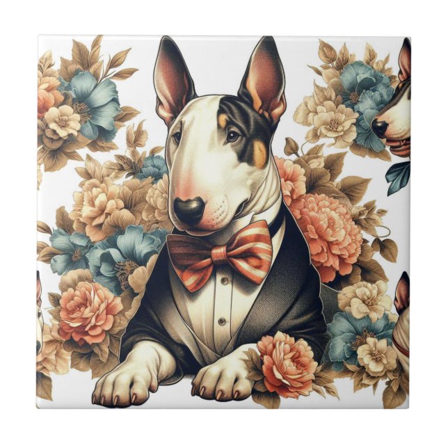 Azulejo Retro Cute Floral Bull Terrier (Frente)