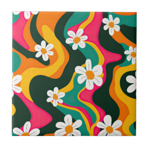 Azulejo Retro Daisies Colorful 70 Patrón Hippie
