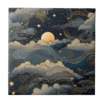 Azulejo Retro de luna azul<br><div class="desc">Un cielo azul nocturno como fondo,  decorado con estrellas y luna. Estilo retro</div>