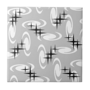Azulejo Retro Edad Atómica Swirls Estrellas Patrón Gris cl