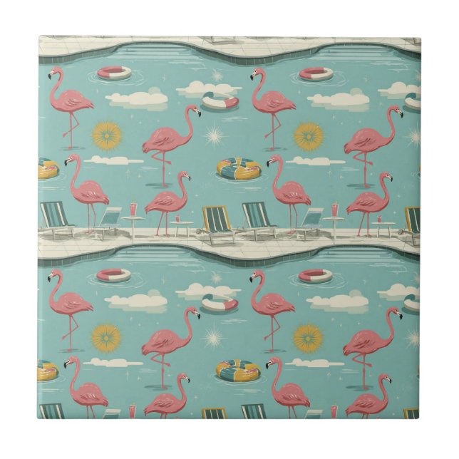 Azulejo Retro Flamingo Piscina Patrón de Verano (5) (Frente)