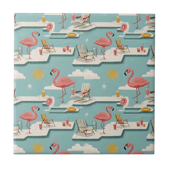 Azulejo Retro Flamingo Piscina Patrón de Verano (6) (Frente)