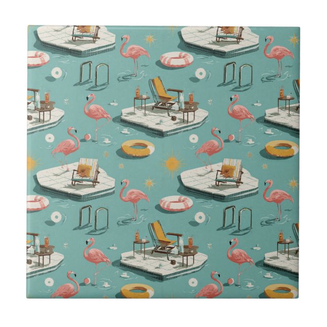 Azulejo Retro Flamingo Poolside Summer Pattern (1) (Frente)