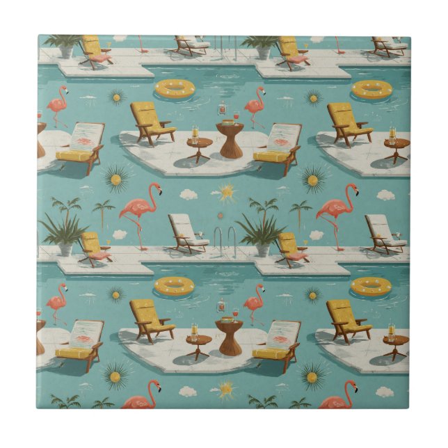 Azulejo Retro Flamingo Poolside Summer Pattern (10) (Frente)