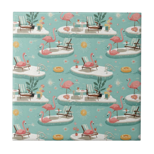 Azulejo Retro Flamingo Poolside Summer Pattern (11) (Frente)