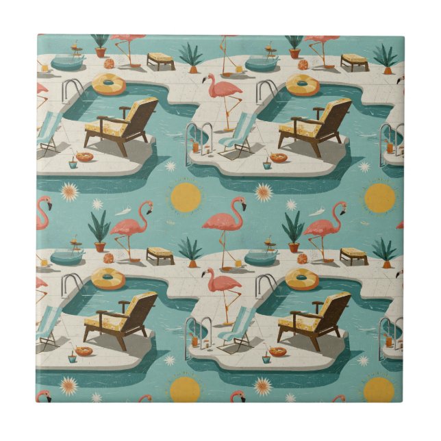 Azulejo Retro Flamingo Poolside Summer Pattern (2) (Frente)