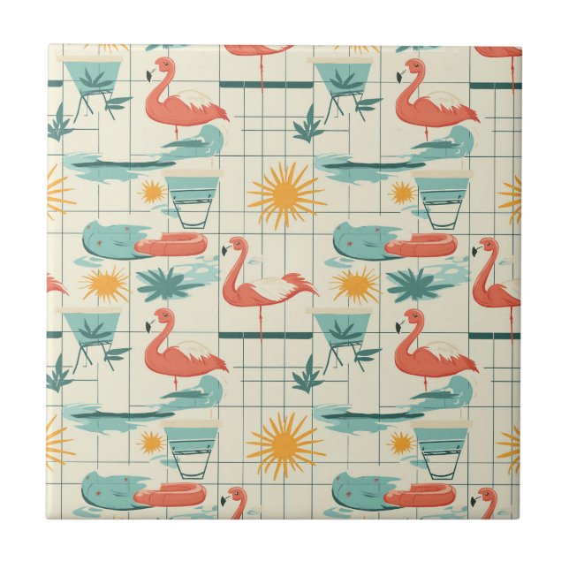 Azulejo Retro Flamingo Poolside Summer Pattern (3) (Frente)
