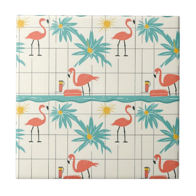 Azulejo Retro Flamingo Poolside Summer Pattern (4) (Frente)