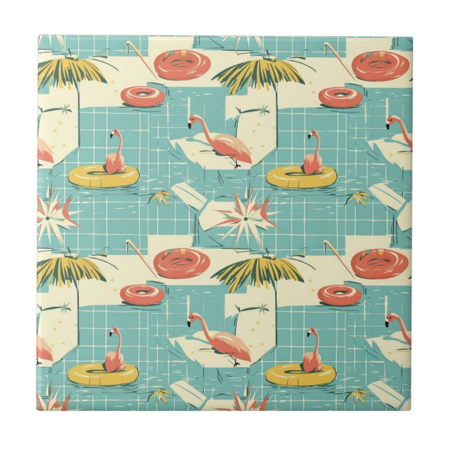 Azulejo Retro Flamingo Poolside Summer Pattern (7) (Frente)