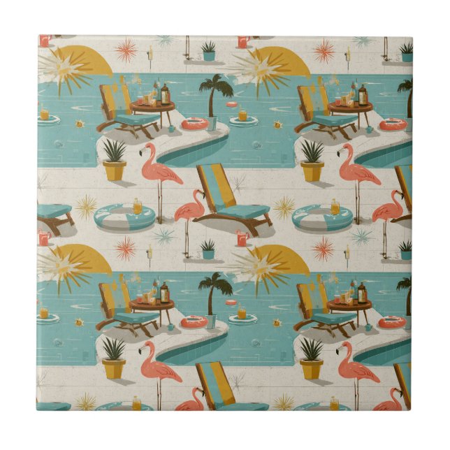 Azulejo Retro Flamingo Poolside Summer Pattern (8) (Frente)