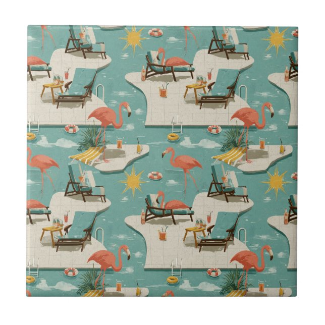 Azulejo Retro Flamingo Poolside Summer Pattern (9) (Frente)