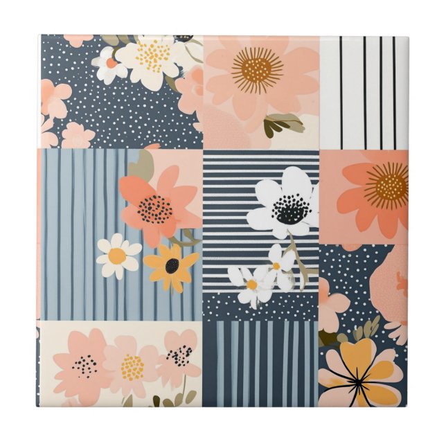 Azulejo Retro Floral Patchwork en Rosa y Azul (Frente)