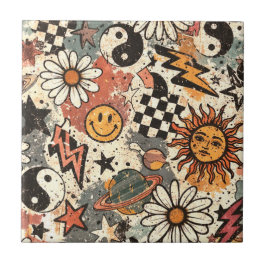 Azulejo Retro Groovy Smiley Sun Daisy Psychedelic Pattern
