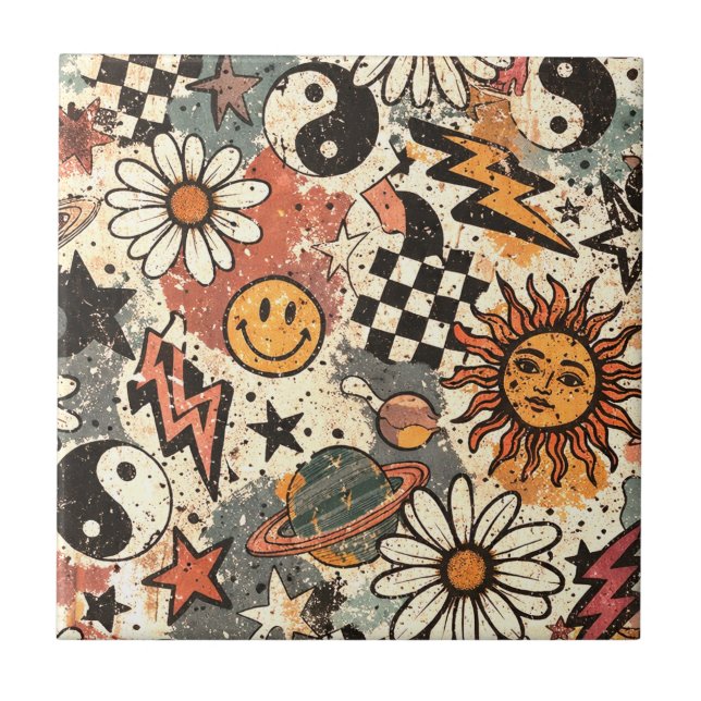 Azulejo Retro Groovy Smiley Sun Daisy Psychedelic Pattern (Frente)
