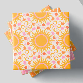 Azulejo Retro Groovy Sun Peace Pattern Naranja amarillo ro