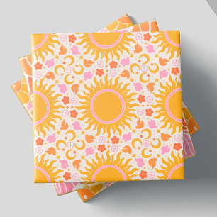 Azulejo Retro Groovy Sun Peace Pattern Naranja amarillo ro
