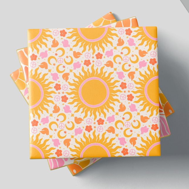 Azulejo Retro Groovy Sun Peace Pattern Naranja amarillo ro (Subido por el creador)