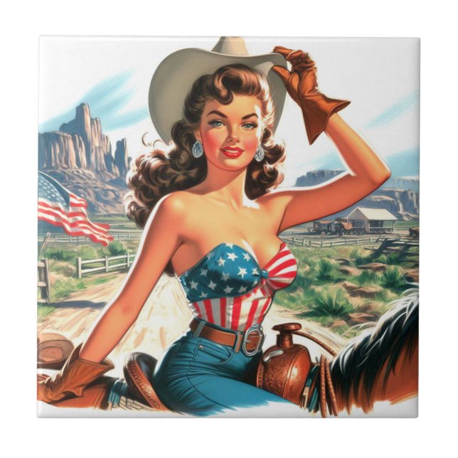 Azulejo Retro Hermosa Cowgirl Pin Up (Frente)