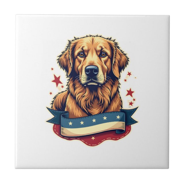 Azulejo Retro Patriotic Golden Retriever Engraving Tee 4 (Frente)